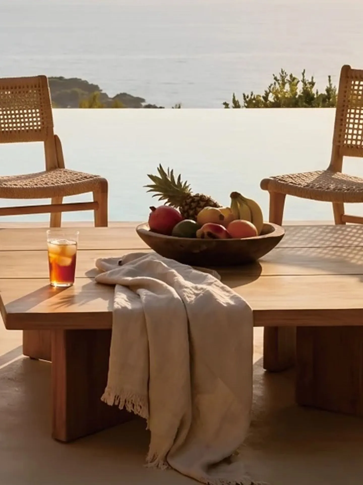 Mesa de teca con sillas de cuerda en una terraza frente al mar