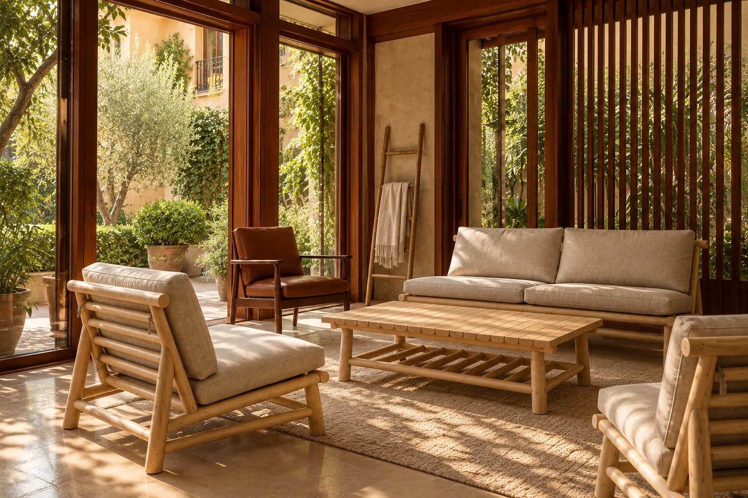Butacas y sofá de madera natural con cojines de lino, mesa de centro y butaca de piel en un salón abierto a un jardín de Madrid